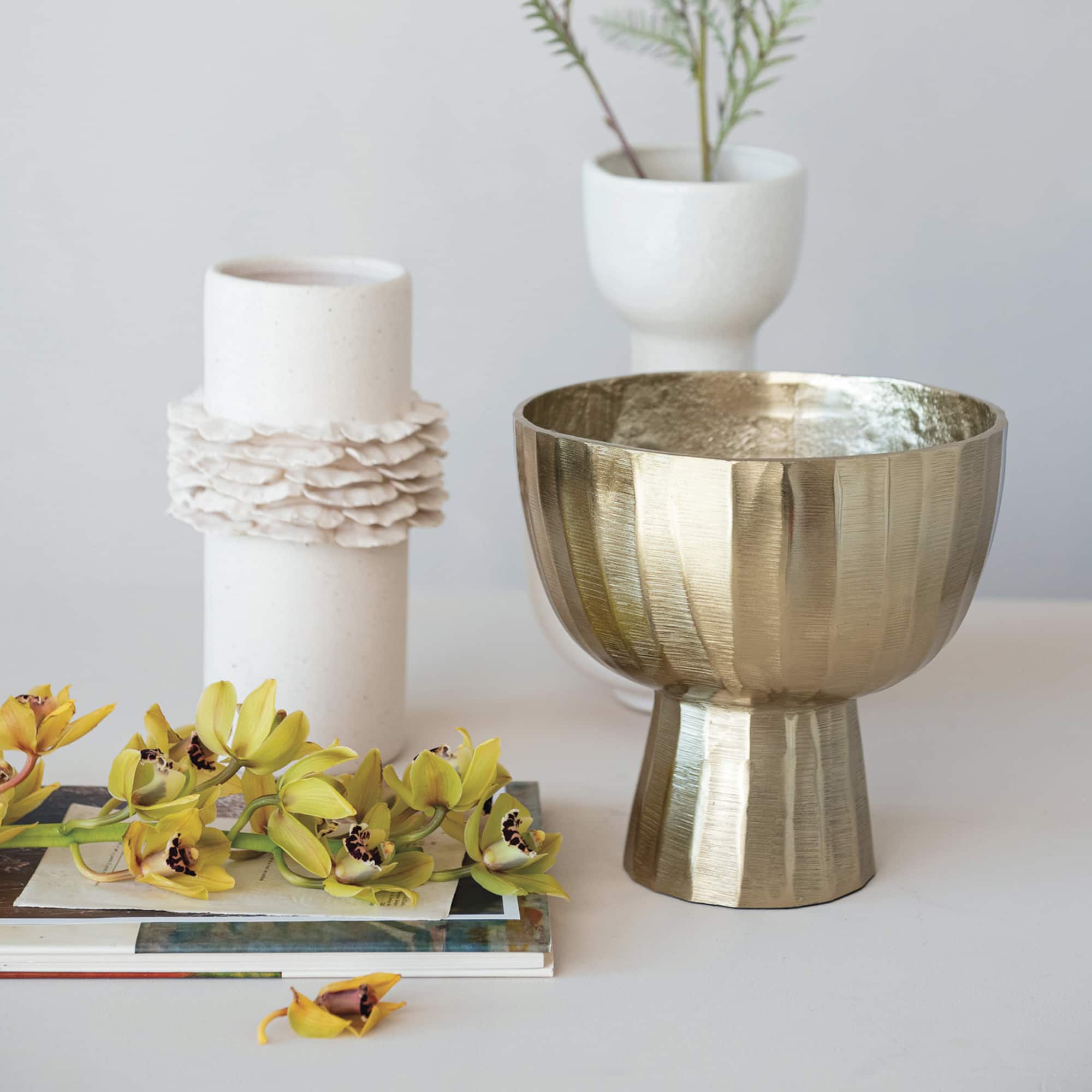 Hello Honey® 10" Matte Cream Ruffled Elegance Stoneware Vase
